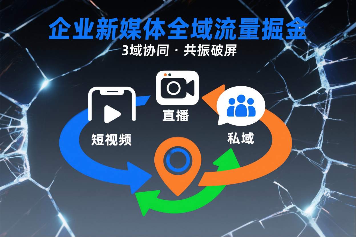 短视频全域商业模式，企业新媒体全域流量掘金，3域协同，共振破屏，短视频-直播-私域-地域-度娘社团