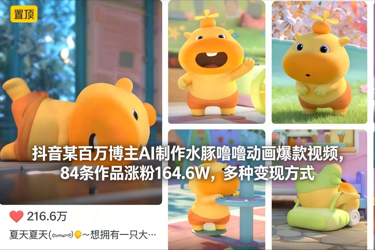抖音某百万博主AI制作水豚噜噜动画爆款视频，84条作品涨粉164.6W，多种变现方式-度娘社团