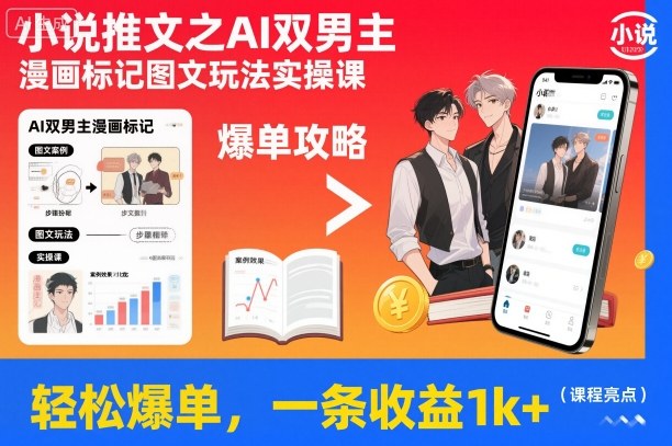 小说推文之AI双男主漫画标记图文玩法实操课，轻松爆单，一条收益1k+-度娘社团