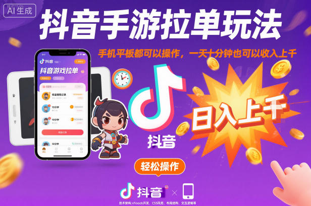 抖音手游拉单玩法，手机平板都可以操作，一天十分钟也可以收入上K【揭秘】-度娘社团