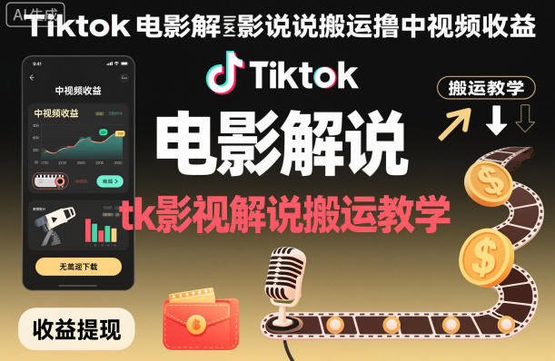 Tiktok电影解说搬运撸中视频收益，tk影视解说搬运教学-度娘社团