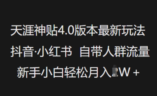天涯神贴4.0版本最新玩法，抖音·小红书自带人群流量，新手小白轻松月入过W-度娘社团